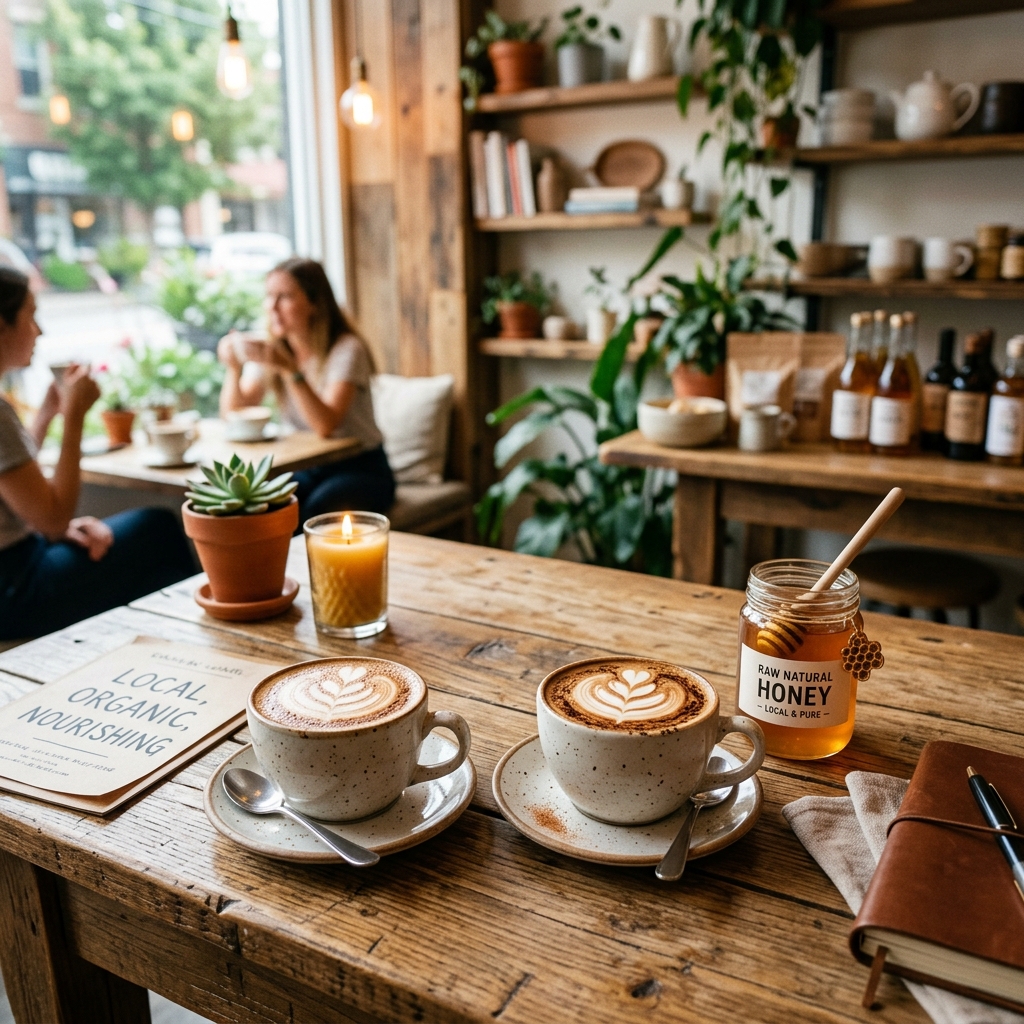 Warm cozy cafe ambience with coffee and honey