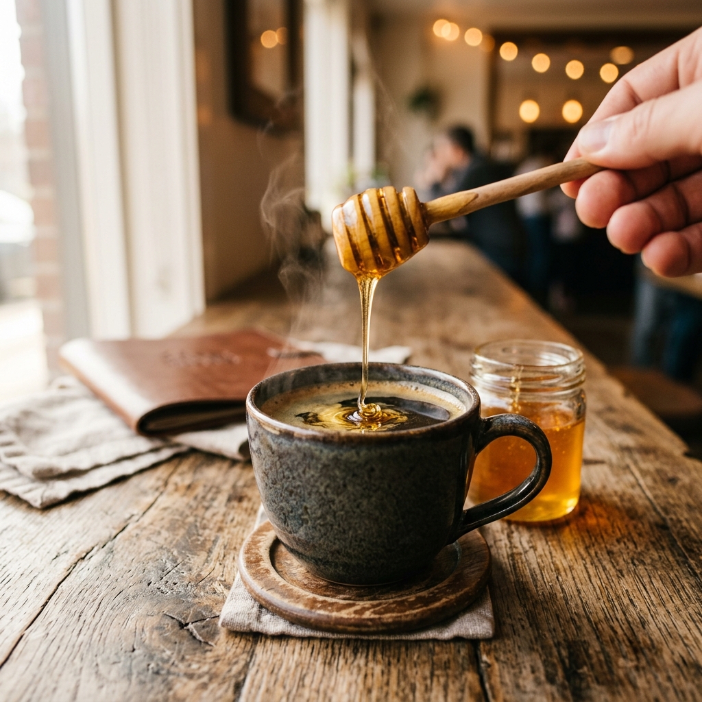 Honey pouring into coffee